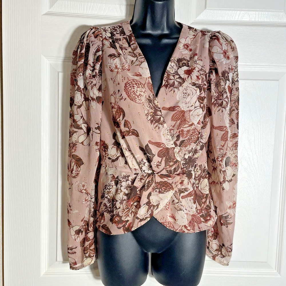 Express Floral Faux Wrap Shirt‎ Women S Pink Peplum Gold Accent Romantic Blouse